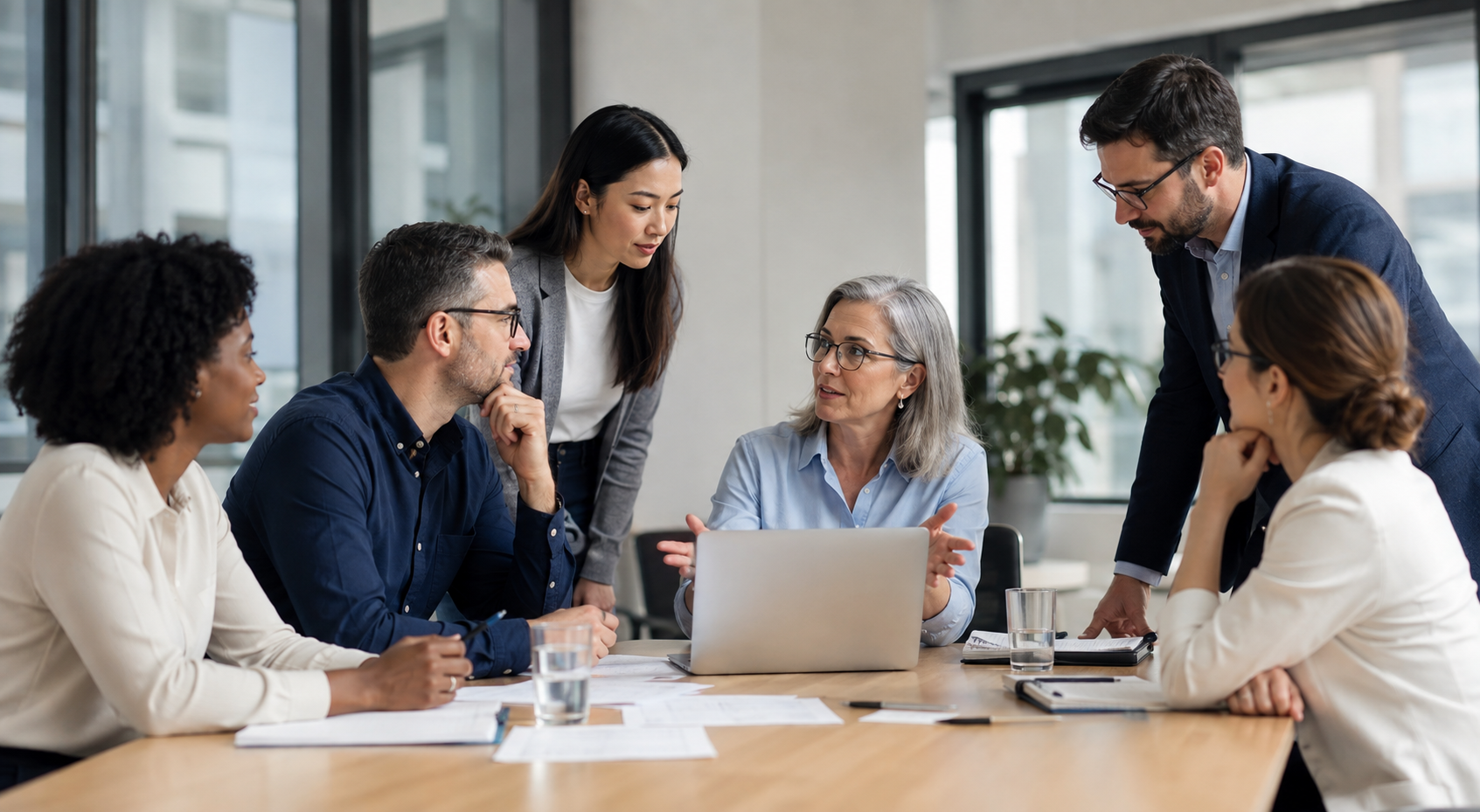 A group of coworkers collaborating around a table in an office